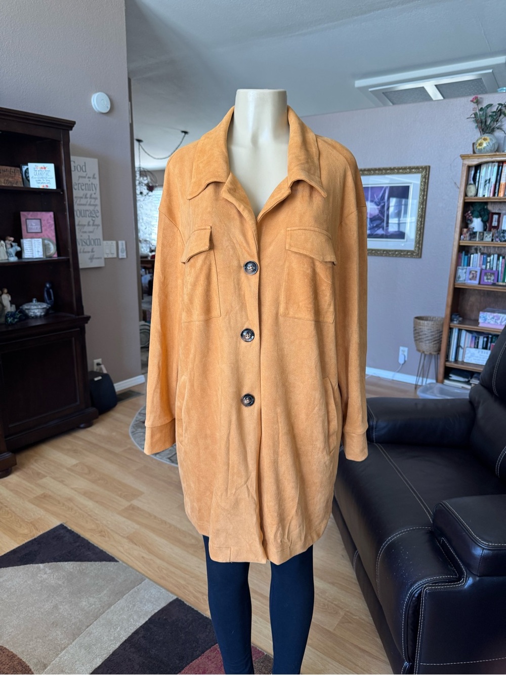 SHEIN yellow suede button front long jacket-size L